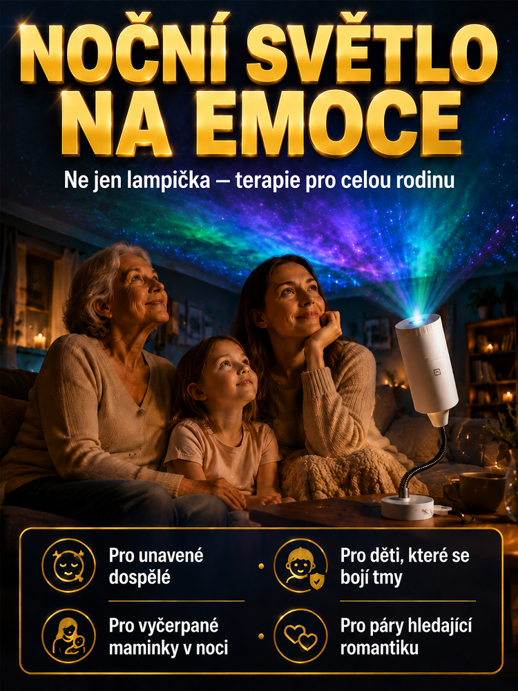 Multifunkční noční světlo s projekcí hvězdné oblohy, vestavěnou uklidňující hudbou a polární záři pro podporu spánku