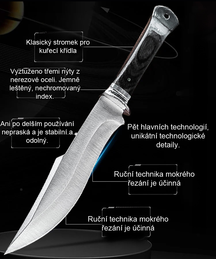 Multifunkční outdoorový nůž „8 v 1“ – přenosný nástroj pro sebeobranu a krizové situace, navržený tak, aby odolal ohnutí a nedošlo u něj k odštípnutí materiálu