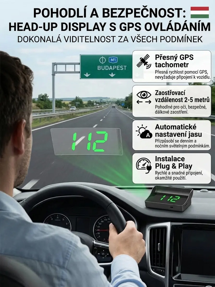 Head-Up displej (HUD) – digitální rychloměr do vozidla s GPS, zobrazení v reálném čase, nulové zpoždění