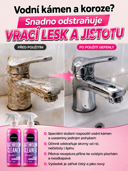 Zbavte se až desetiletých usazenin vodního kamene jediným postřikem! Víceúčelový čistič do koupelny, který je bezpečný pro dlaždice i sklo