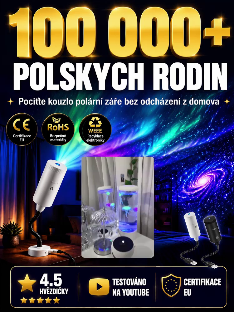 Multifunkční noční světlo s projekcí hvězdné oblohy, vestavěnou uklidňující hudbou a polární záři pro podporu spánku