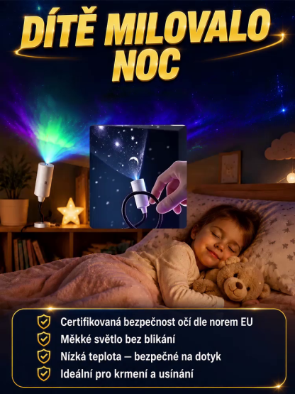 Multifunkční noční světlo s projekcí hvězdné oblohy, vestavěnou uklidňující hudbou a polární záři pro podporu spánku