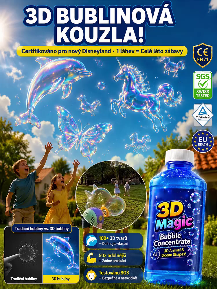 Kouzelný, bezpečný roztok na bubliny, fouká obří, barevné bubliny, je bezpečný a bez zápachu