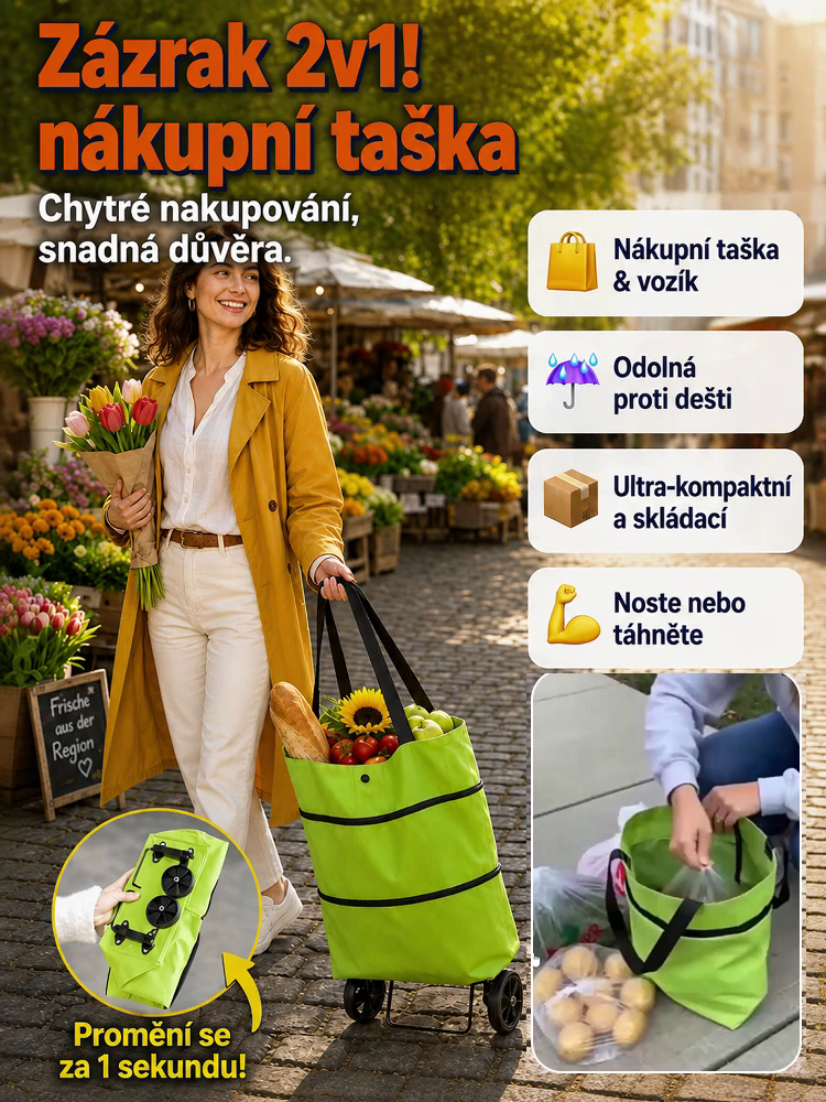 Skládací nákupní taška s kolečky: složí se za 1 sekundu, je přenosná, vodotěsná a odolná