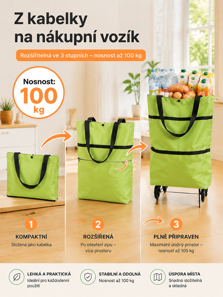 Skládací nákupní taška s kolečky: složí se za 1 sekundu, je přenosná, vodotěsná a odolná