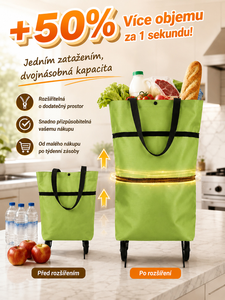 Skládací nákupní taška s kolečky: složí se za 1 sekundu, je přenosná, vodotěsná a odolná