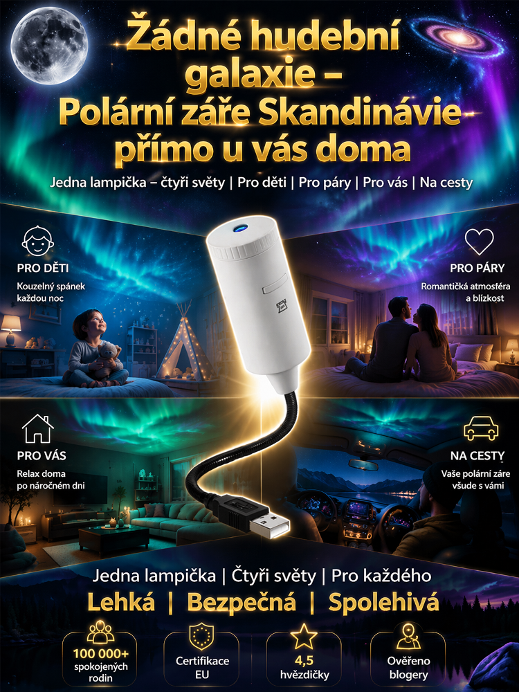 Multifunkční noční světlo s projekcí hvězdné oblohy, vestavěnou uklidňující hudbou a polární záři pro podporu spánku