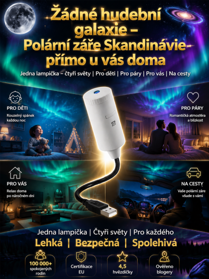 Multifunkční noční světlo s projekcí hvězdné oblohy, vestavěnou uklidňující hudbou a polární záři pro podporu spánku