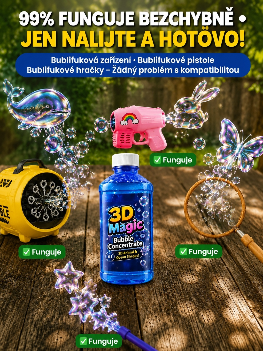 Kouzelný, bezpečný roztok na bubliny, fouká obří, barevné bubliny, je bezpečný a bez zápachu