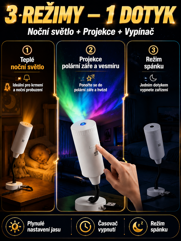 Multifunkční noční světlo s projekcí hvězdné oblohy, vestavěnou uklidňující hudbou a polární záři pro podporu spánku