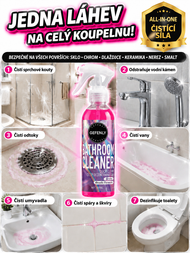 Zbavte se až desetiletých usazenin vodního kamene jediným postřikem! Víceúčelový čistič do koupelny, který je bezpečný pro dlaždice i sklo