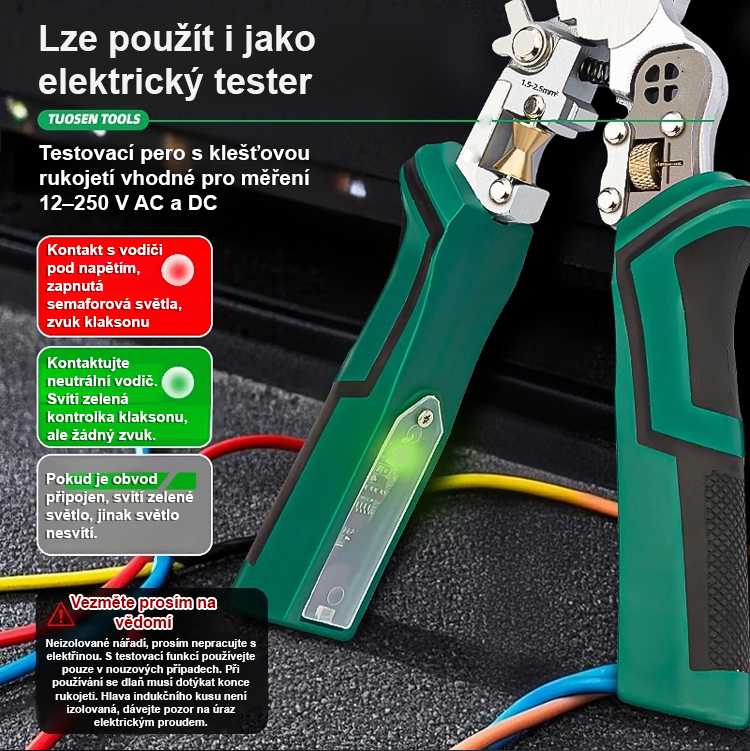 【10 v 1】Multifunkční odizolovací kleště se špičatým hrotem, indukční testování napětí + přesné odizolování během několika sekund