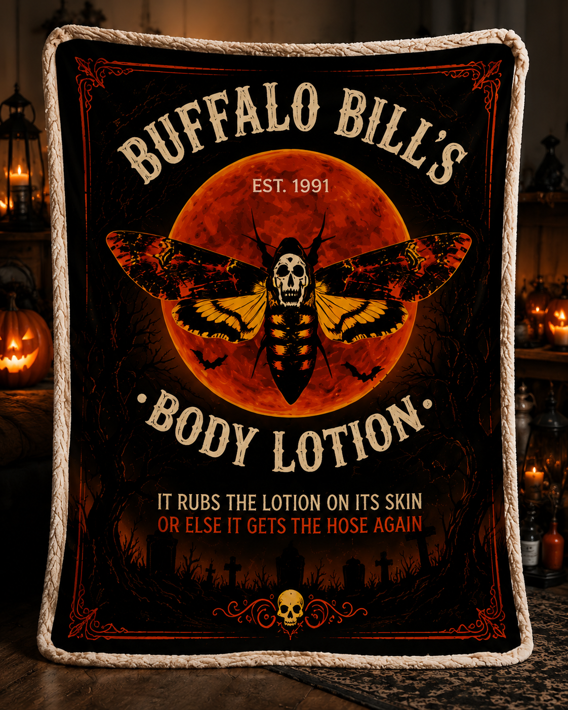 Buffalo Bill's Vintage Halloween Moth Skull Blanket