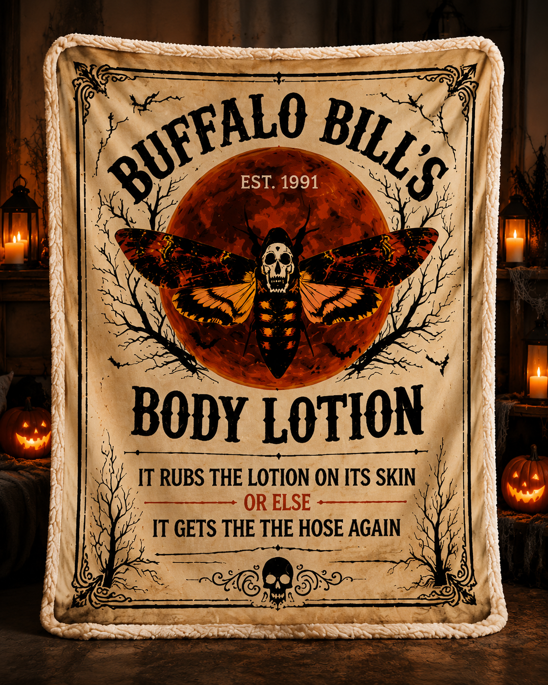 Buffalo Bill's Vintage Halloween Moth Skull Blanket