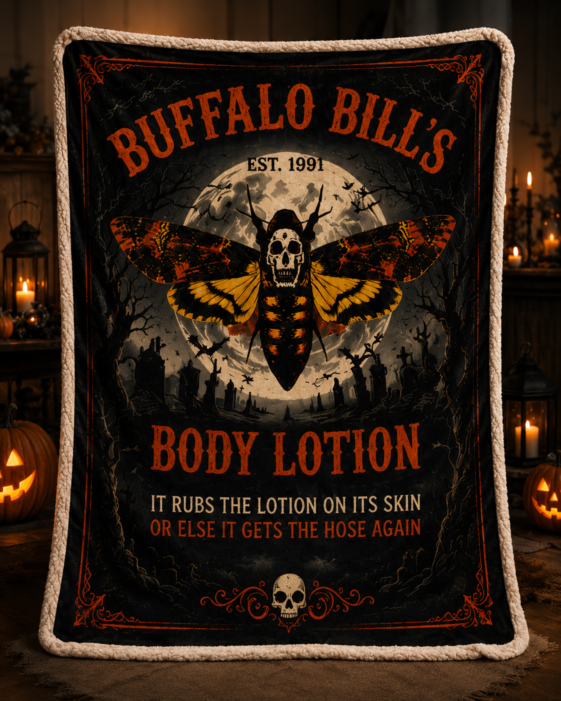 Buffalo Bill's Vintage Halloween Moth Skull Blanket
