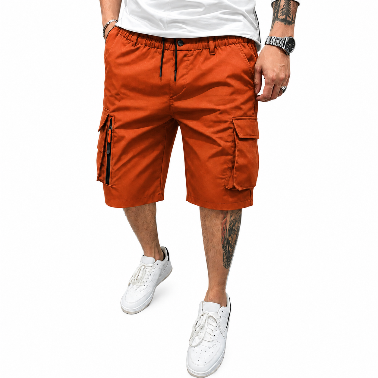 Men's Athleisure Cargo Shorts (8-Pack) — Multi-pocket design, elastic drawstring waistband, decorative faux fly; suitable for outdoor hiking, daily running, and commuting.