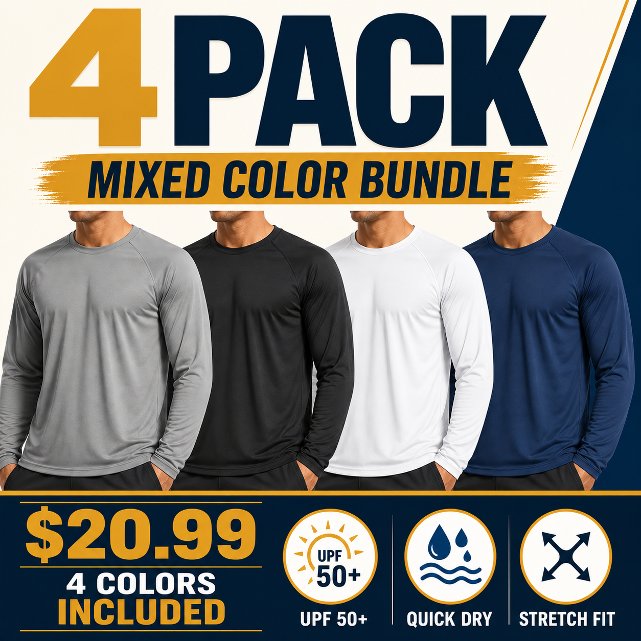 Men's UPF 50+ Quick-Dry Long Sleeve Sun Shirt Multi-Pack - Lightweight Outdoor UV Protection Tee