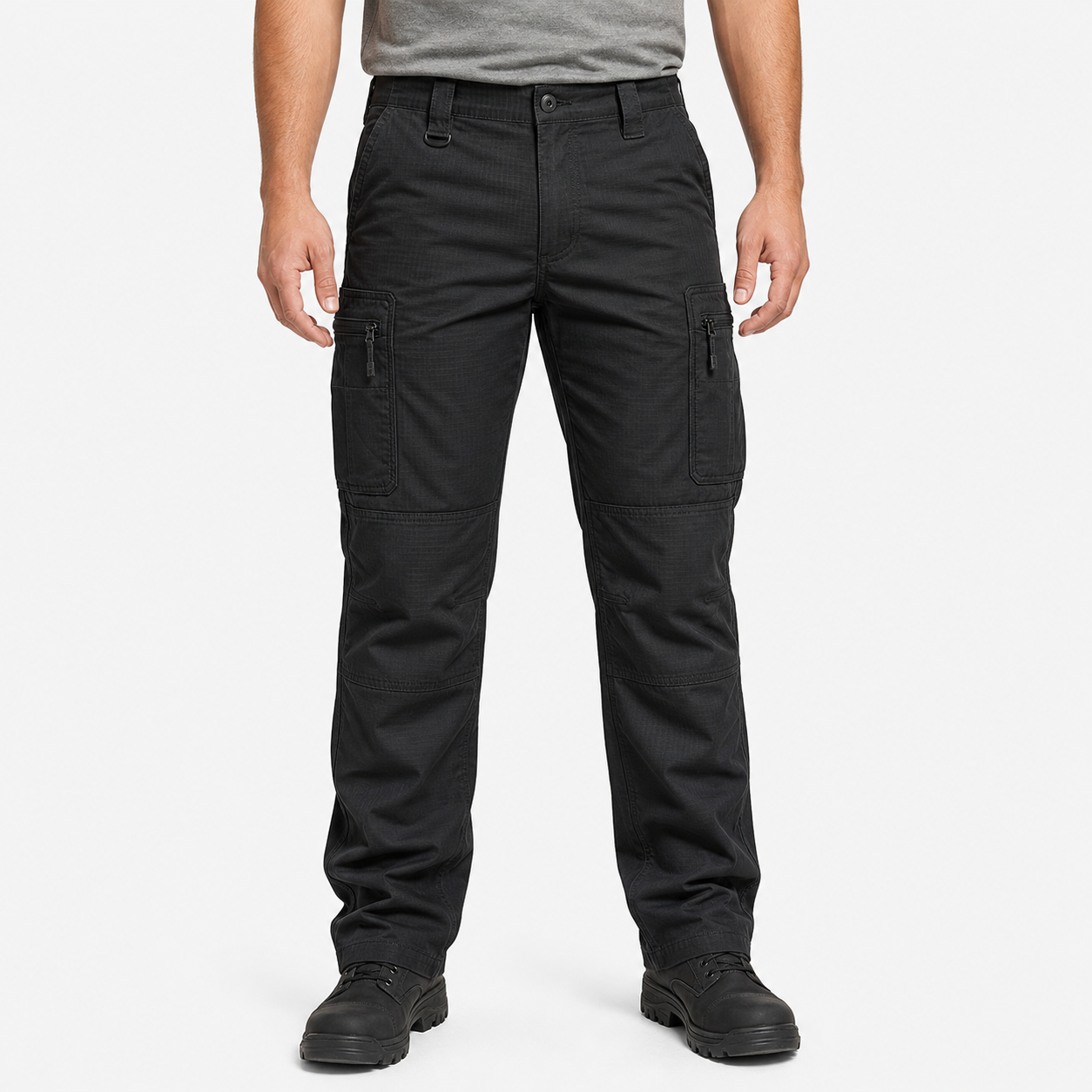 Black tactical cargo work pants front view