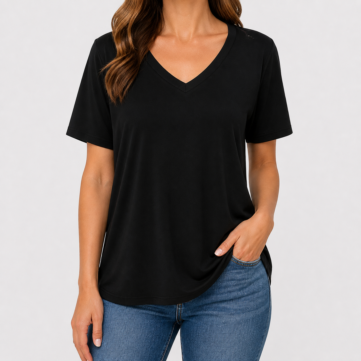 Black women's soft V-neck half-sleeve T-shirt model try-on