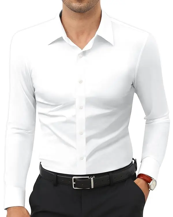 White men's stretch dress shirt front view