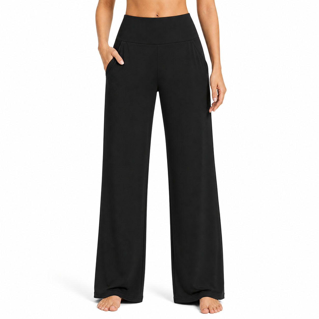 Front view black high-waist wide-leg casual pants