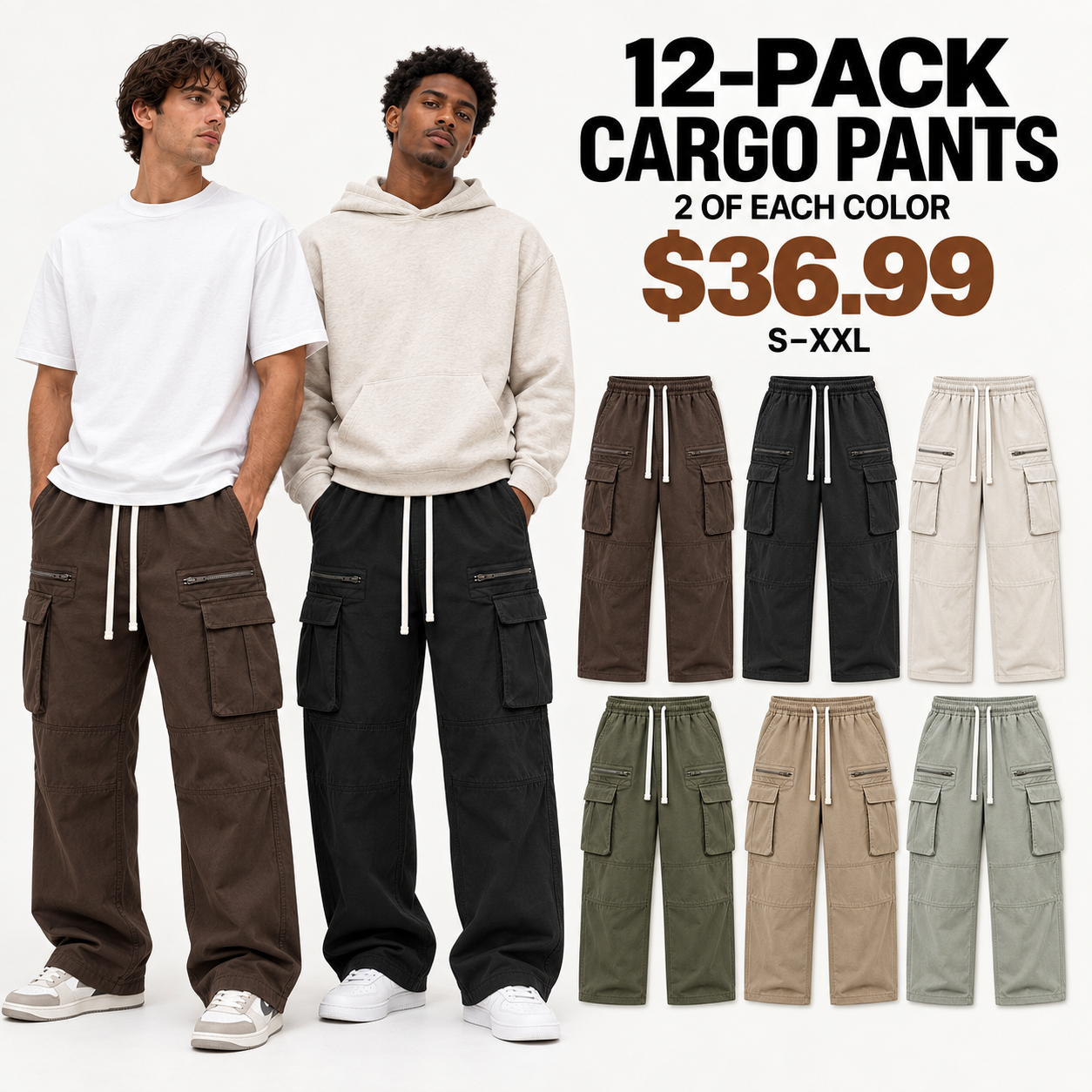 Twelve-pack cargo pants offer with two male models and the six selected colors