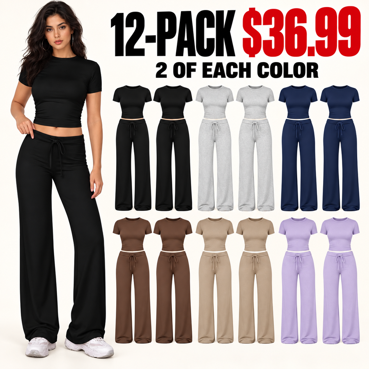 Women’s modal crop tee and wide-leg pants 12-pack with model styling