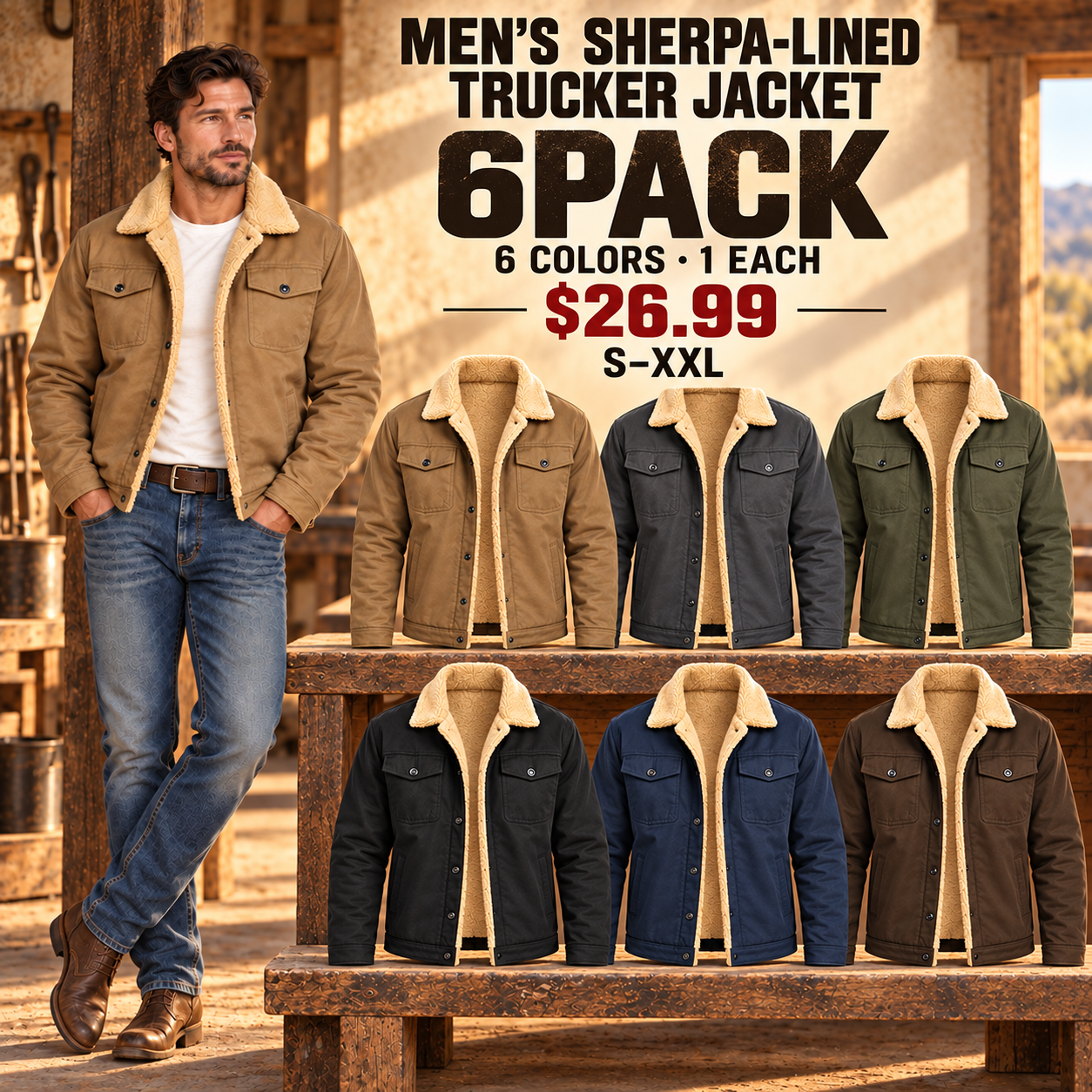 Men's sherpa-lined trucker jacket 6-color multipack