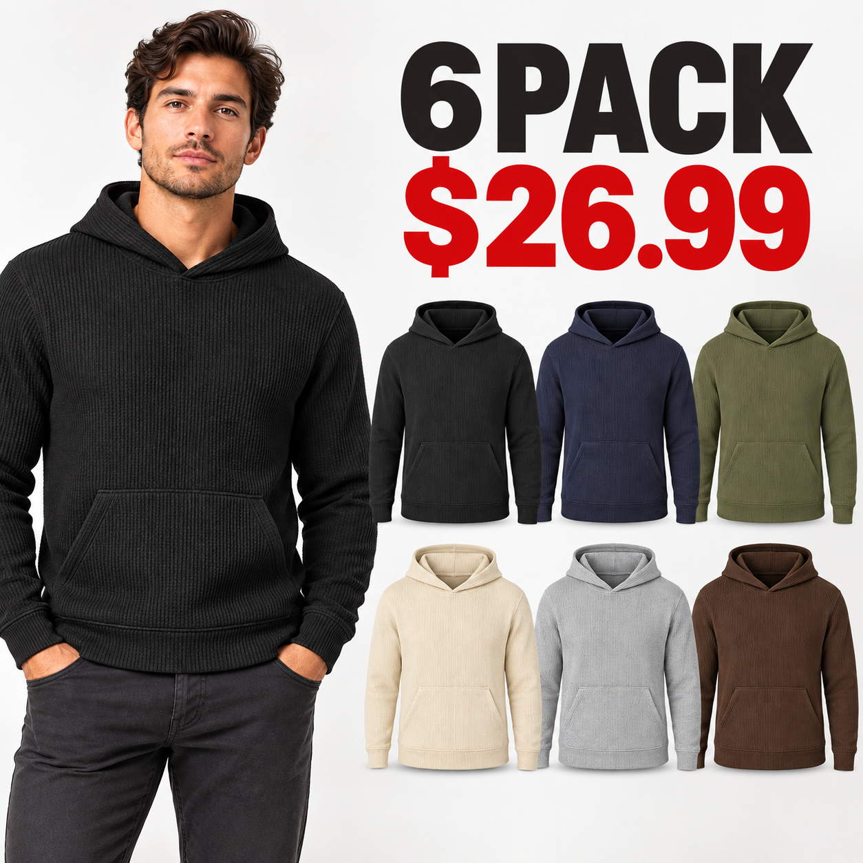 Men's waffle knit pullover hoodie six-color 6PACK for $26.99