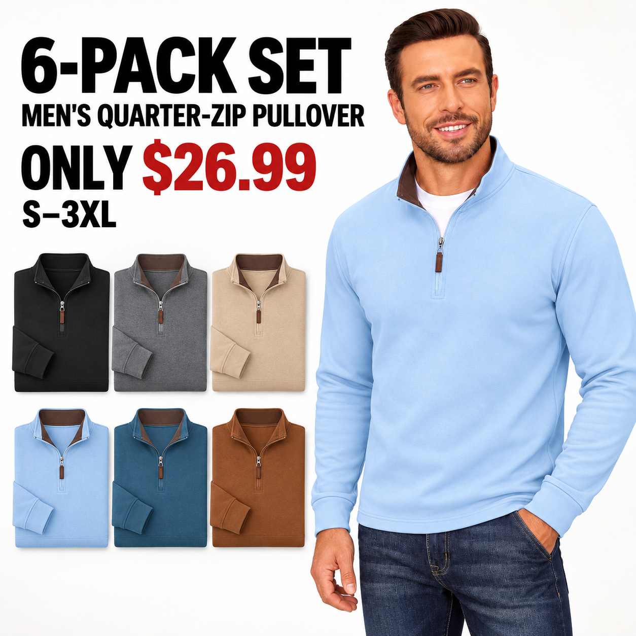 GZUSK men's light blue quarter-zip fleece pullover with the six-color 6-pack assortment, $26.99, sizes S–3XL