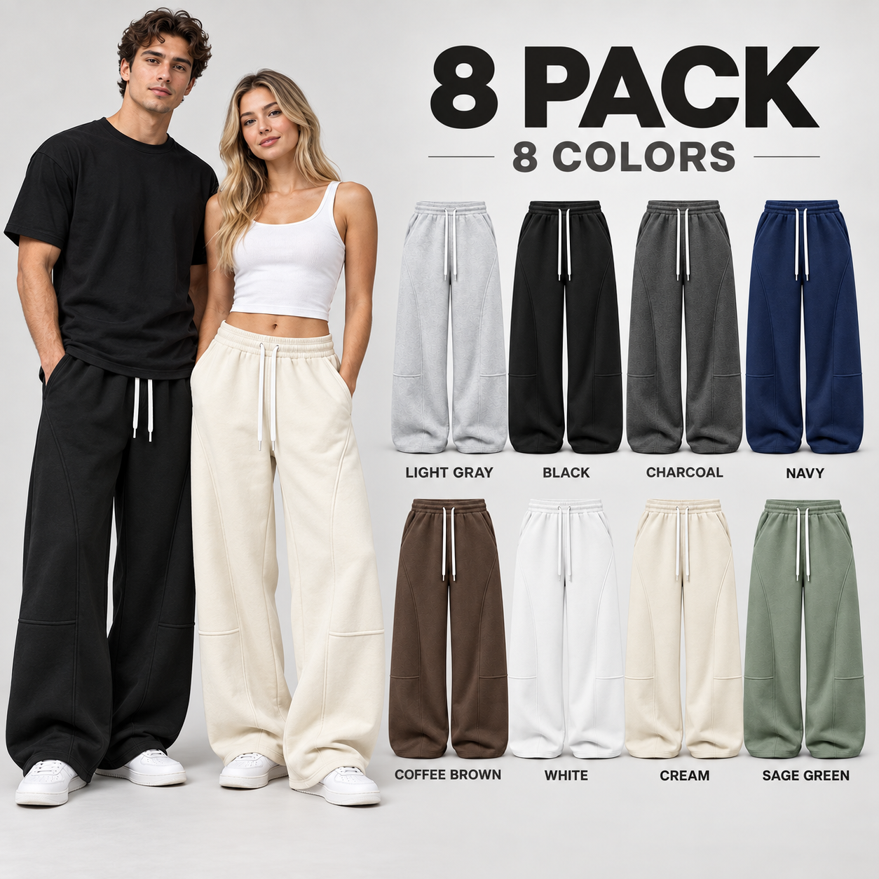 Adult man and woman wearing unisex wide-leg sweatpants beside the complete eight-color 8-pack.