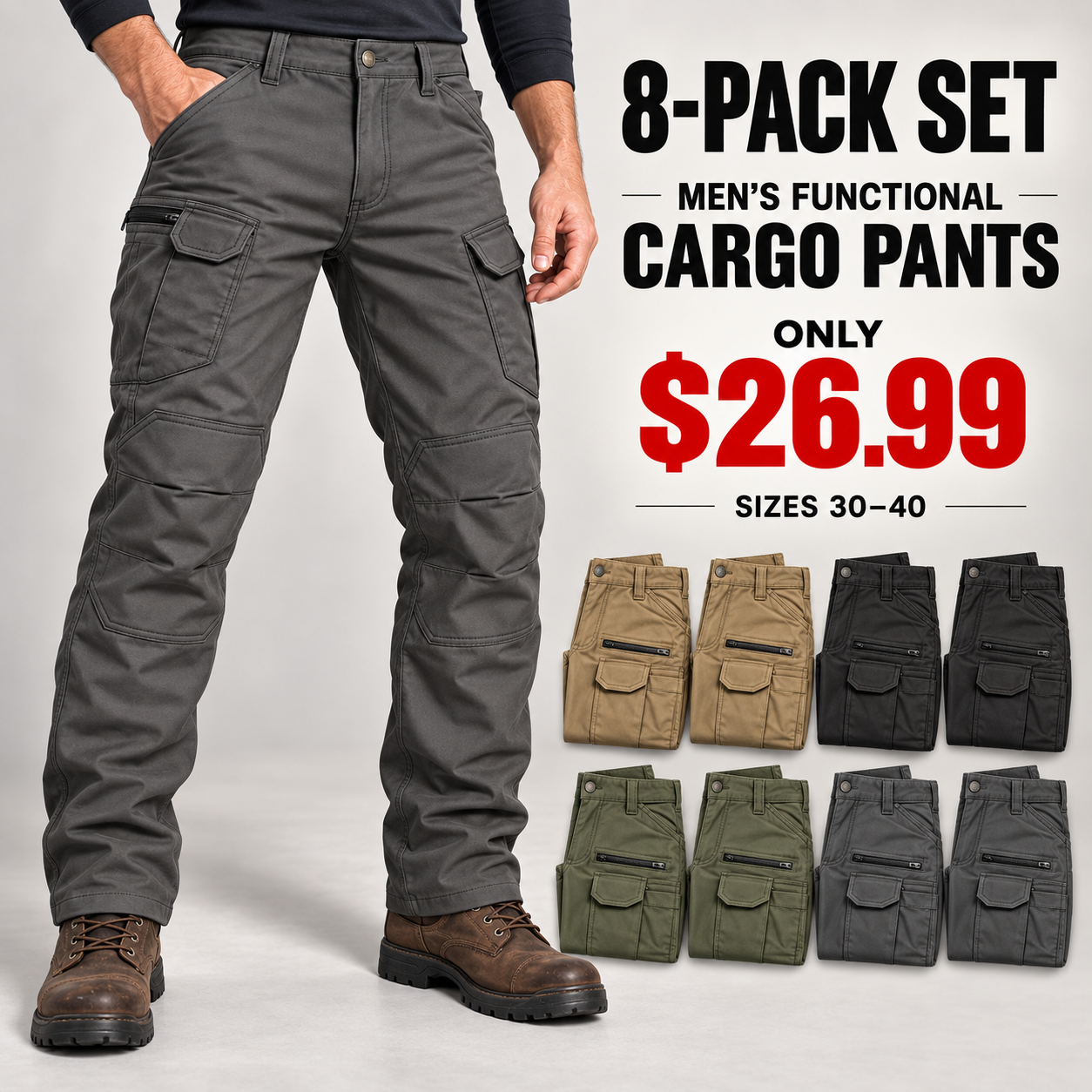 Men's cargo pants 8-pack offer in four colors
