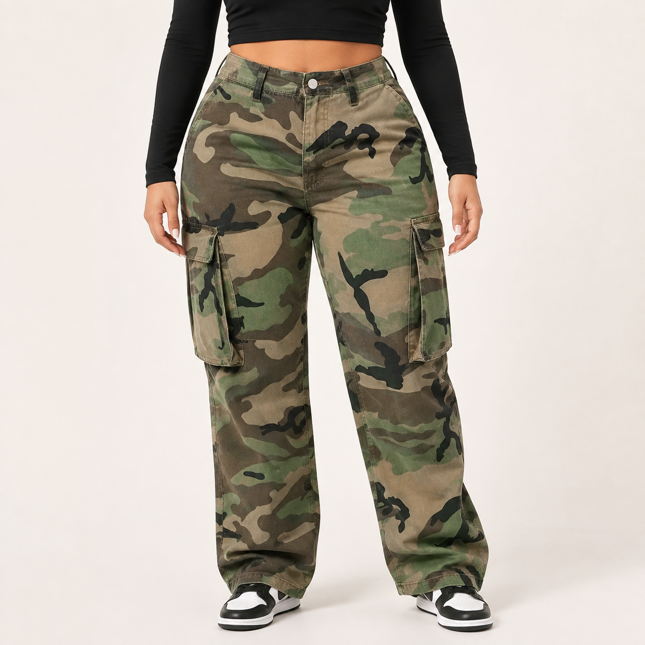 Women's Green Woodland Camo high-rise cargo denim jeans, front view