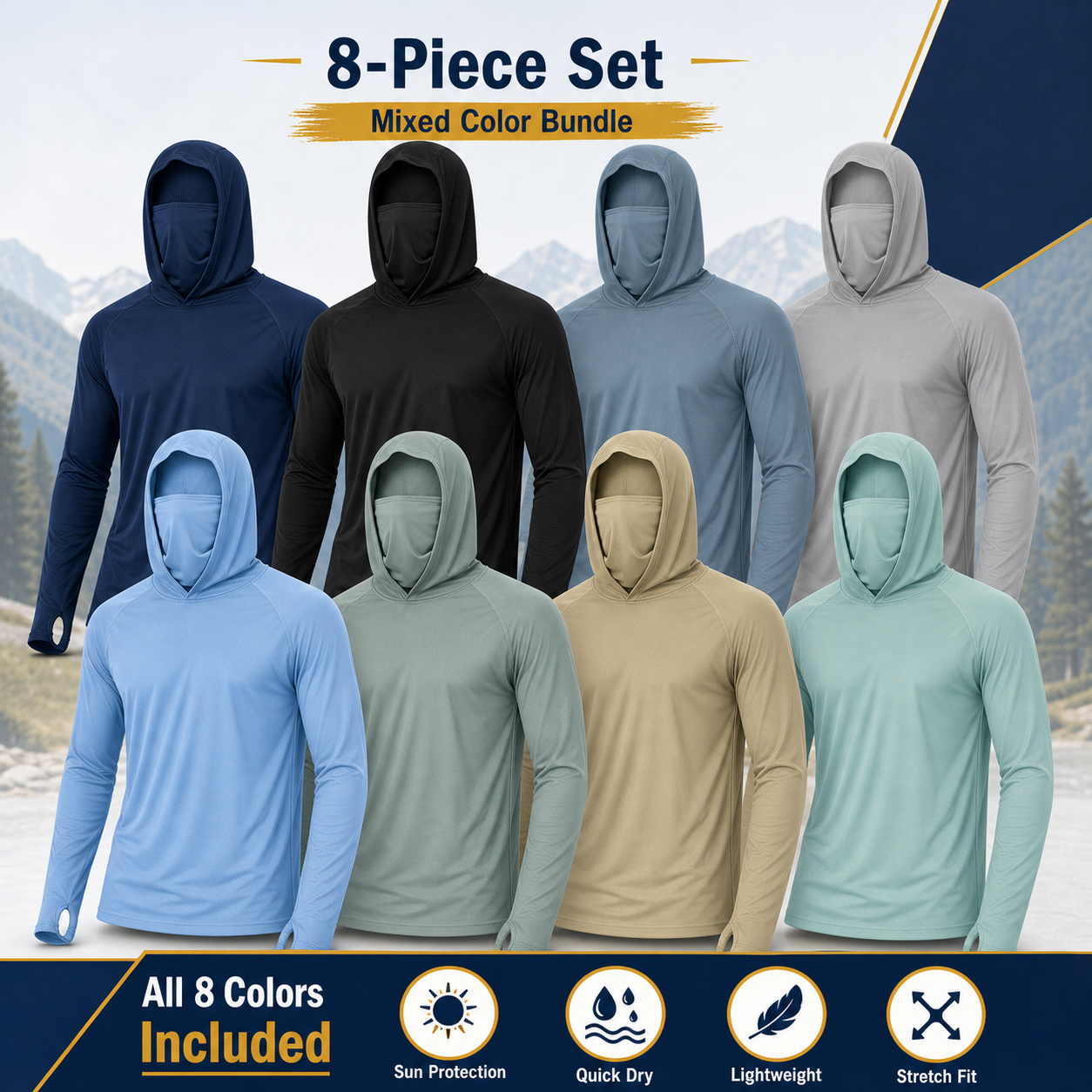 Men's hooded sun shirt mixed 8 pack