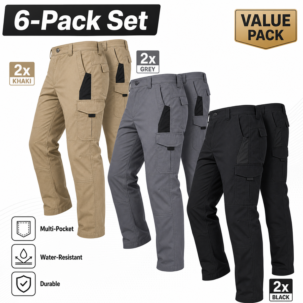 Mixed 6-Pack men tactical cargo work pants in Grey Khaki Black
