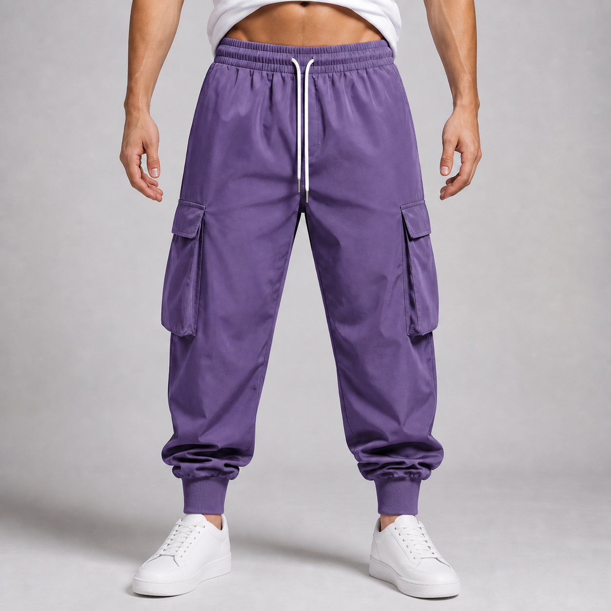 Front view of Purple men's lightweight cargo jogger pants