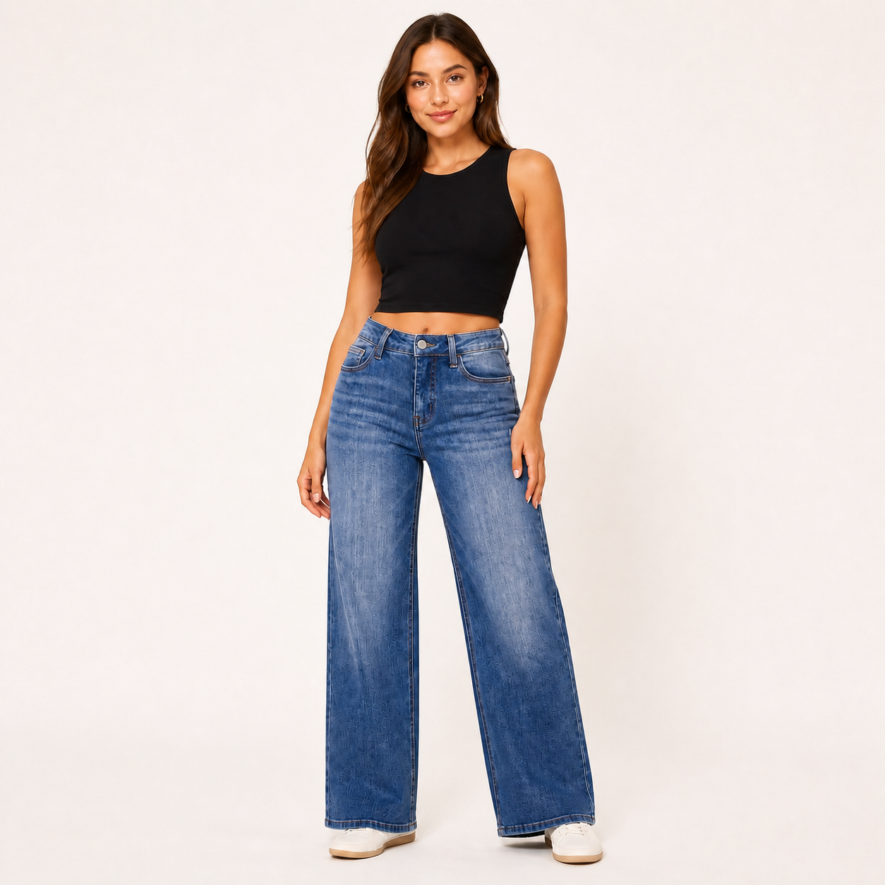 Women's stretch wide-leg jeans in Mid Blue Wash