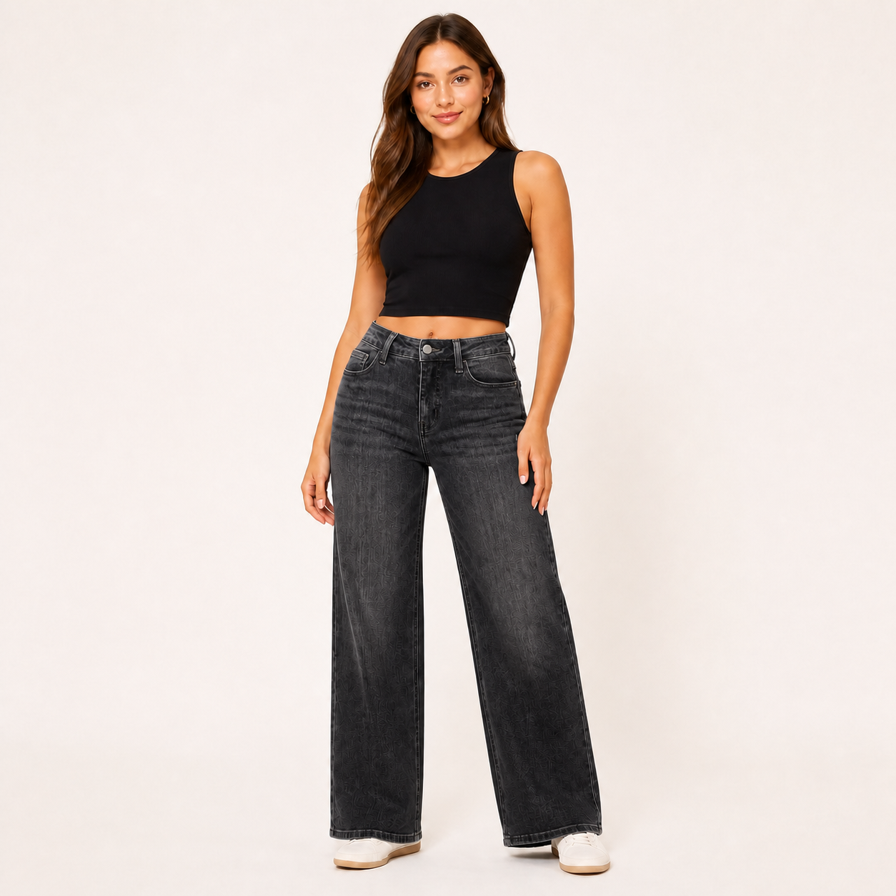 Women's stretch wide-leg jeans in Washed Black