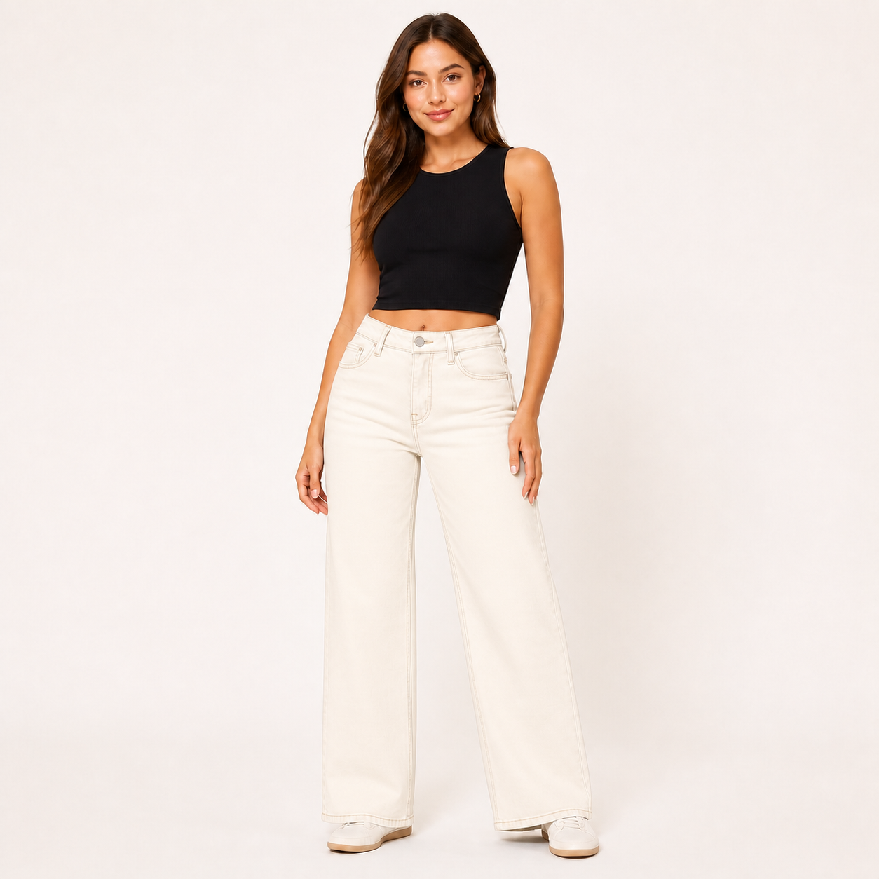Women's stretch wide-leg jeans in Off White