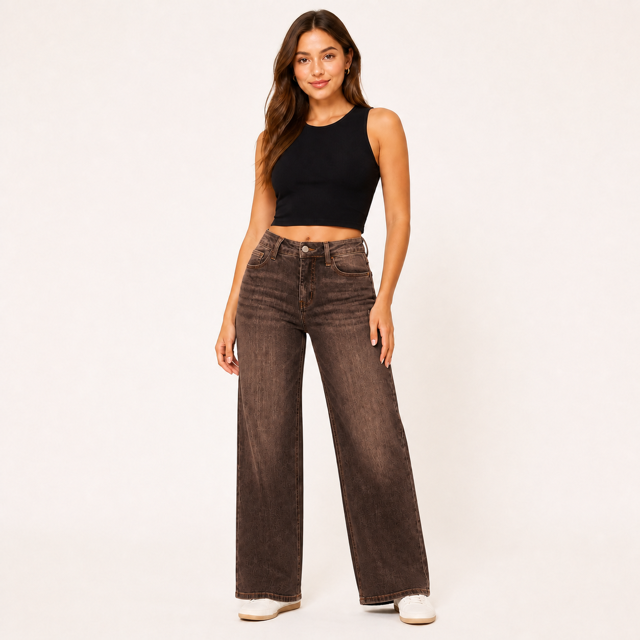 Women's stretch wide-leg jeans in Chocolate Brown