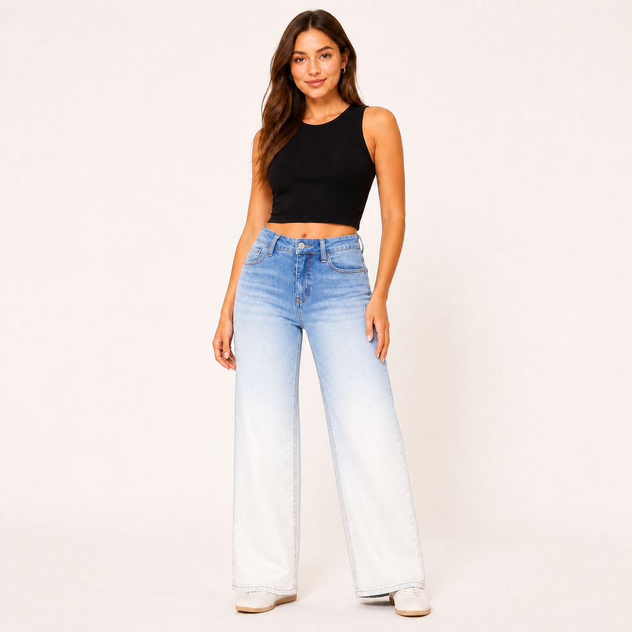Women's stretch wide-leg jeans in Ombre Light Blue and White