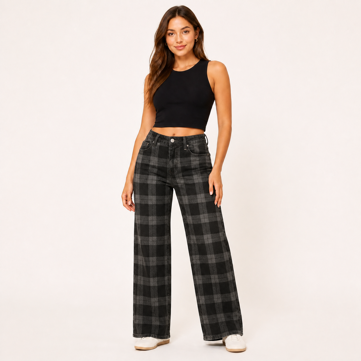 Women's stretch wide-leg jeans in Black and Gray Plaid