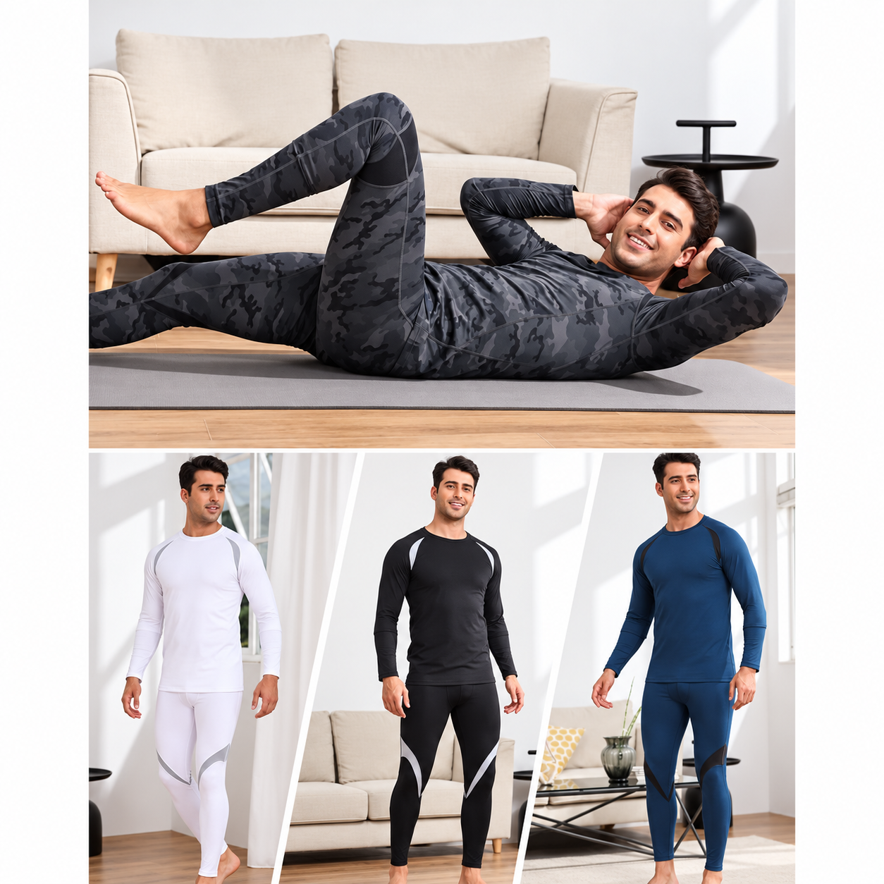 Men’s thermal top and bottom set - lifestyle styling scenes