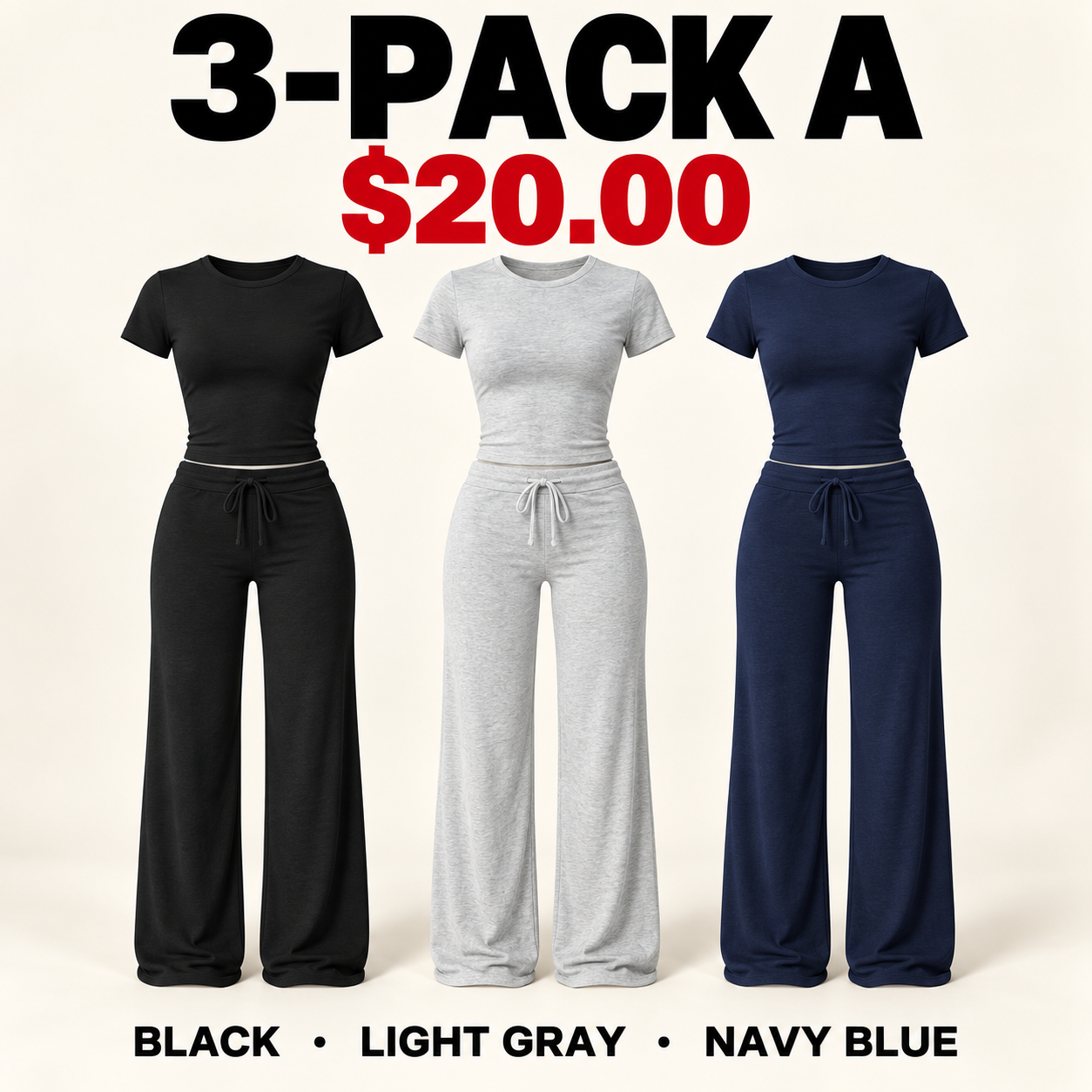 3PACK A women’s modal lounge set: Black, Light Gray and Navy Blue