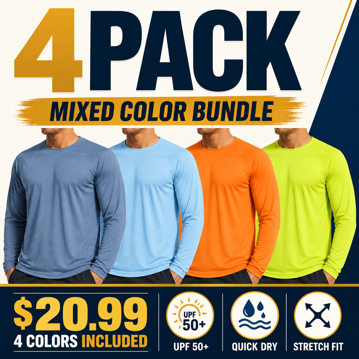 Men's UPF 50+ Quick-Dry Long Sleeve Sun Shirt Multi-Pack - Lightweight Outdoor UV Protection Tee