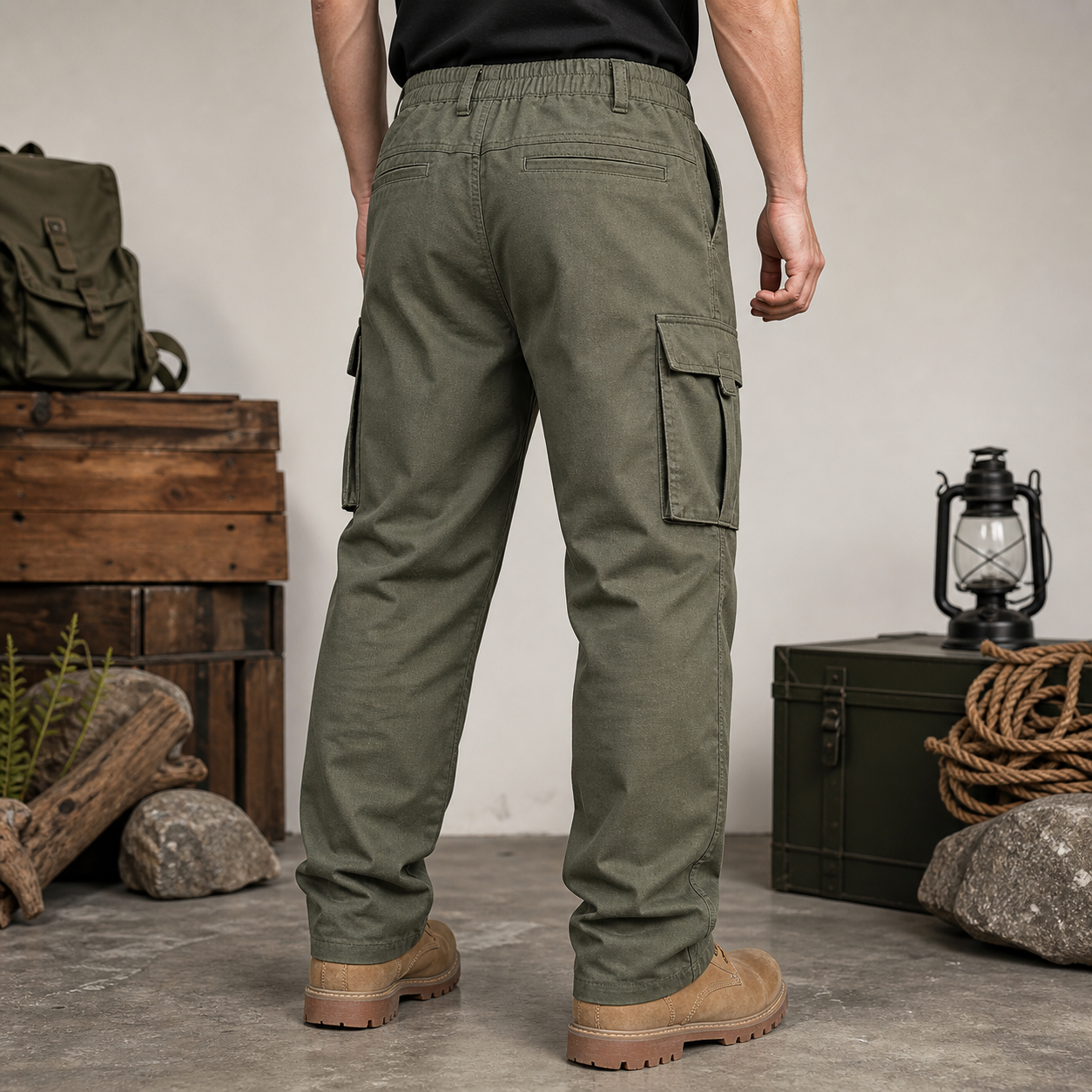 Men's cargo work pants back view with straight leg fit