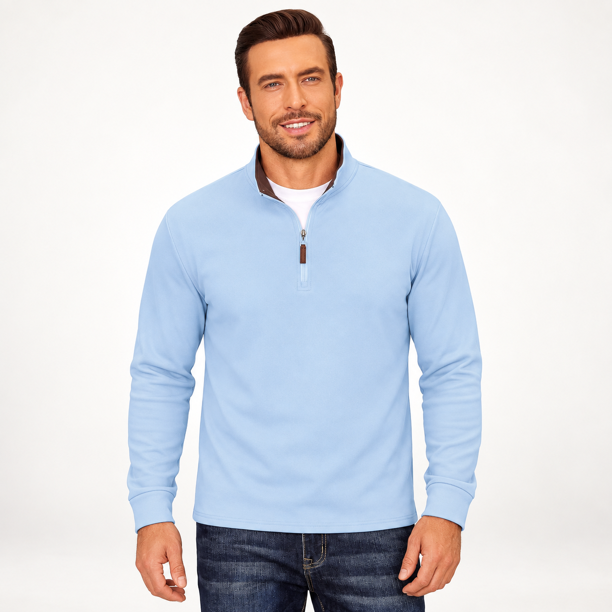 Front view of a man wearing the A - Light Blue mock-neck quarter-zip fleece pullover