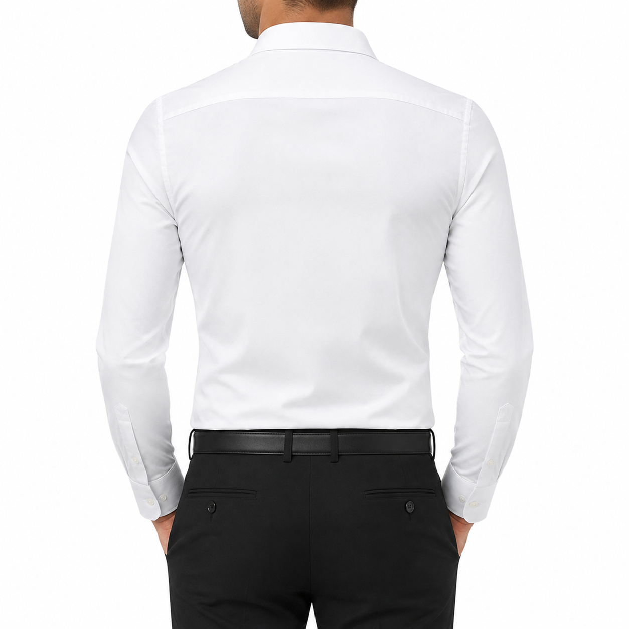 White men's stretch dress shirt back view