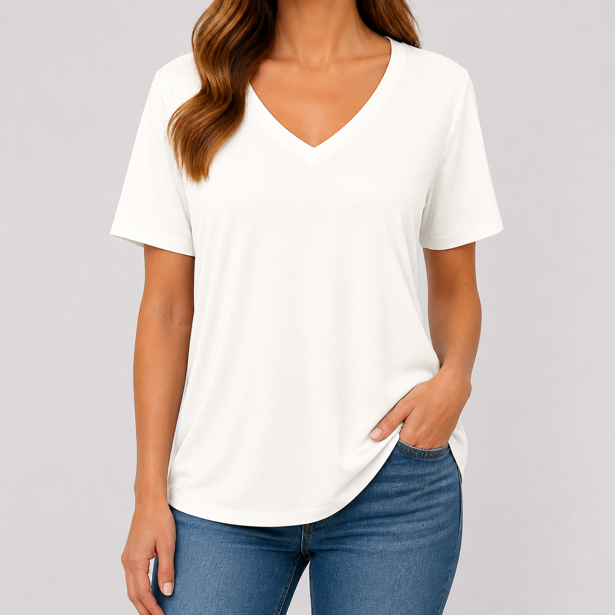 White women's soft V-neck half-sleeve T-shirt model try-on