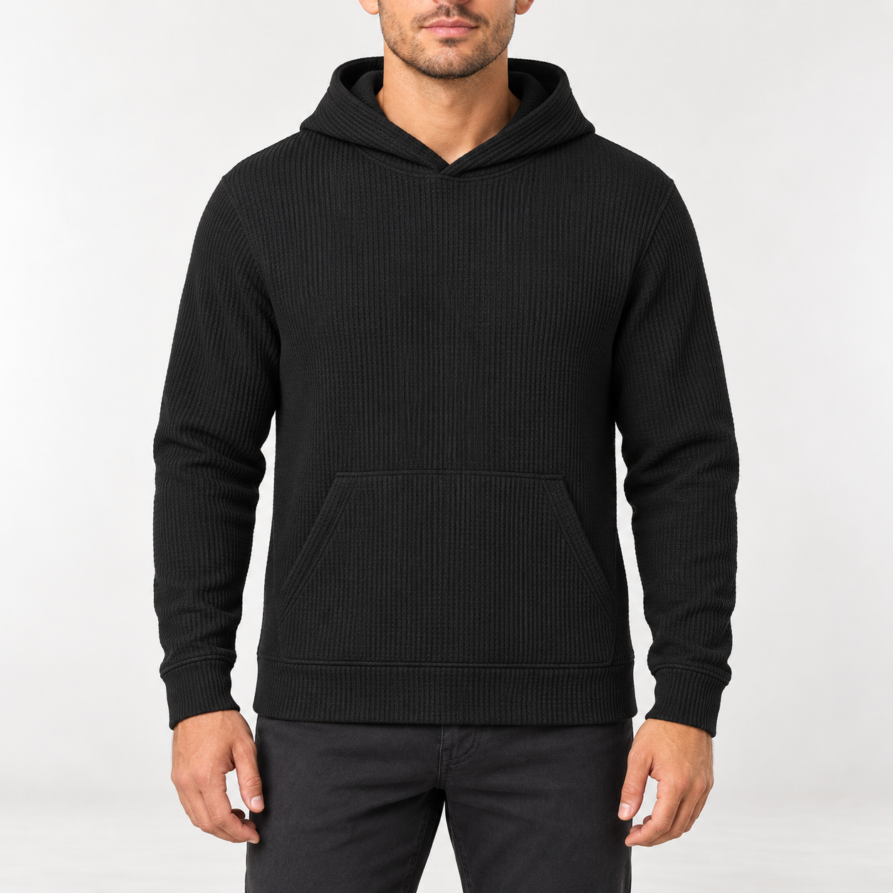 Front view of men's Black waffle knit pullover hoodie